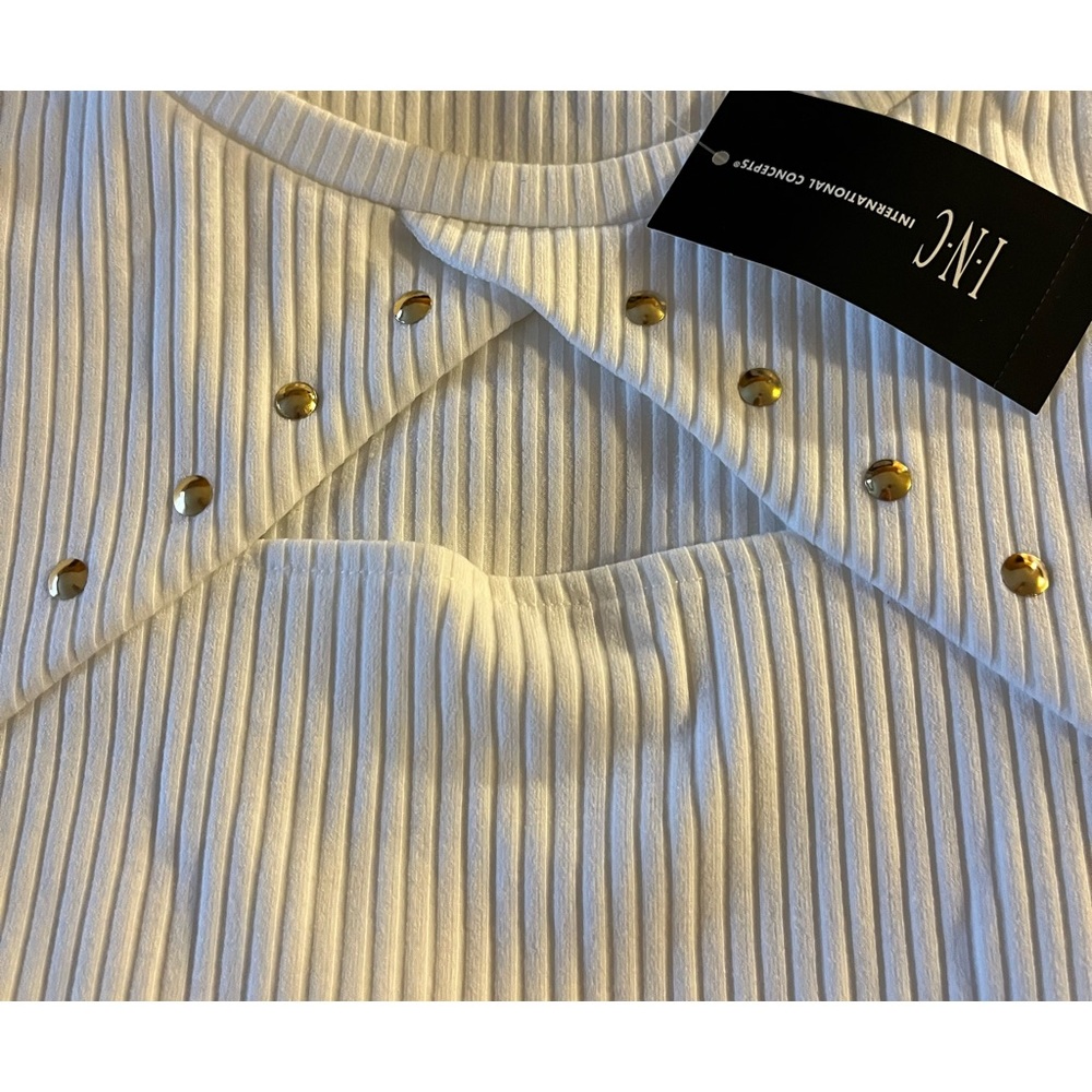 INC Bright White Ribbed Top with Gold Studs